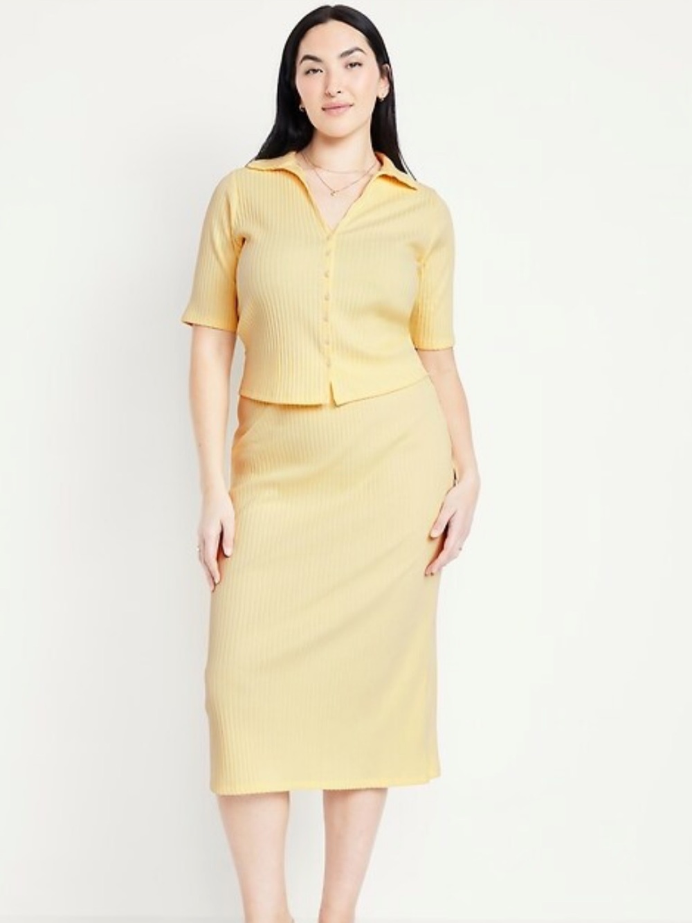 Old Navy High-Waisted Ribbed Midi Skirt in Sweet Butter